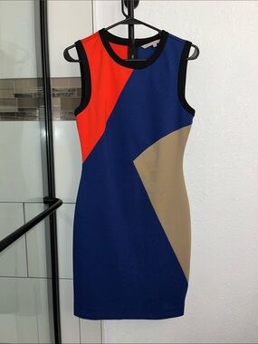 Rachel Roy Rachel Colorblock Sheath Dress in Blue, Red & Tan